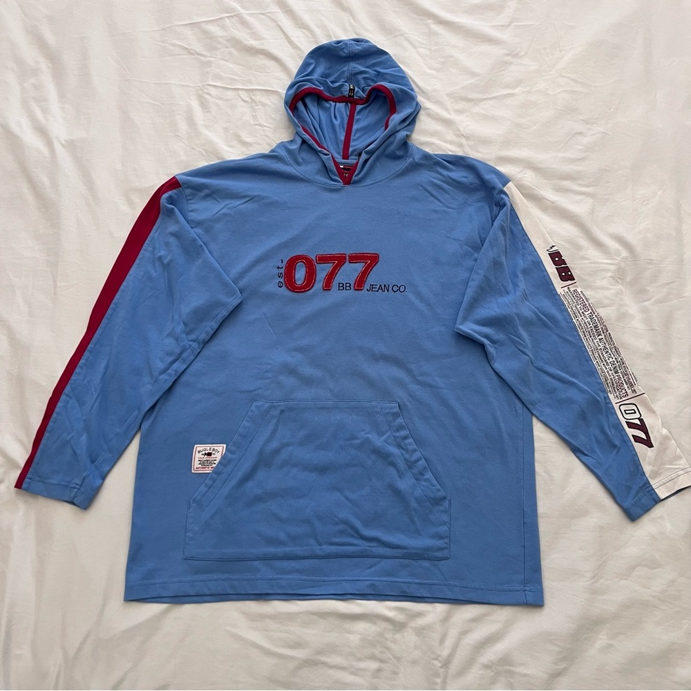 Bugle Boy BB Jean Co Hoodie Sweatshirt Mens Size L Powder Blue Logo Vintage